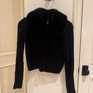 Aqua cable knit sweater with faux fur collar